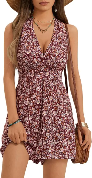 HUHOT Rompers for Women Casual Halter V Neck Backless Summer Sexy Beach Dressy 2025 Short Romper Dresses with Pockets