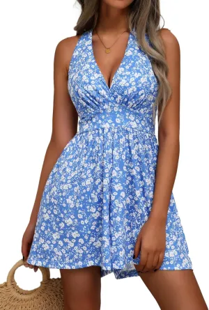 HUHOT Rompers for Women Casual Halter V Neck Backless Summer Sexy Beach Dressy 2025 Short Romper Dresses with Pockets