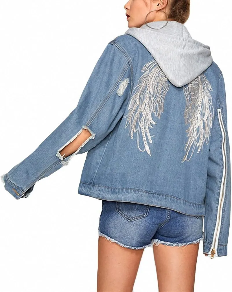 Huiwa Womens Denim Jacket Wings Back Embroidery Jacket Blue Denim Coat Cut Out Punk