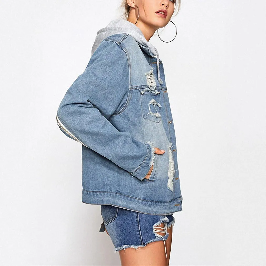 Huiwa Womens Denim Jacket Wings Back Embroidery Jacket Blue Denim Coat Cut Out Punk