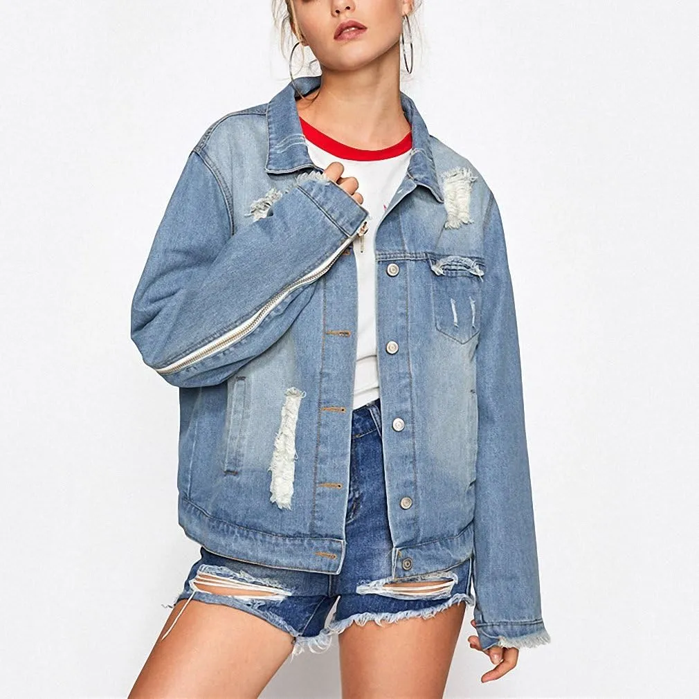 Huiwa Womens Denim Jacket Wings Back Embroidery Jacket Blue Denim Coat Cut Out Punk