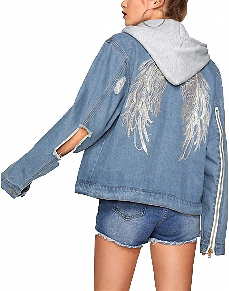 Huiwa Womens Denim Jacket Wings Back Embroidery Jacket Blue Denim Coat Cut Out Punk