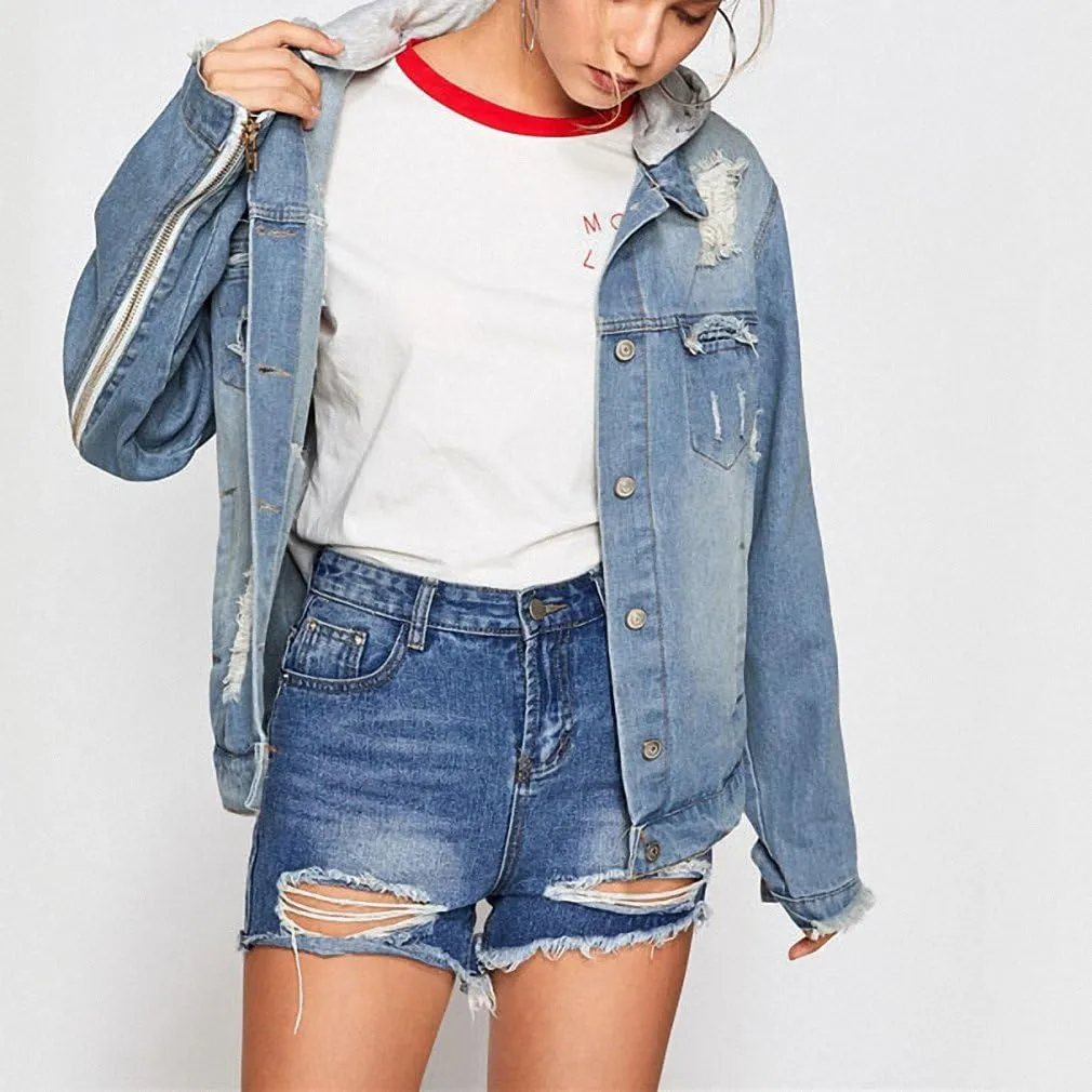 Huiwa Womens Denim Jacket Wings Back Embroidery Jacket Blue Denim Coat Cut Out Punk