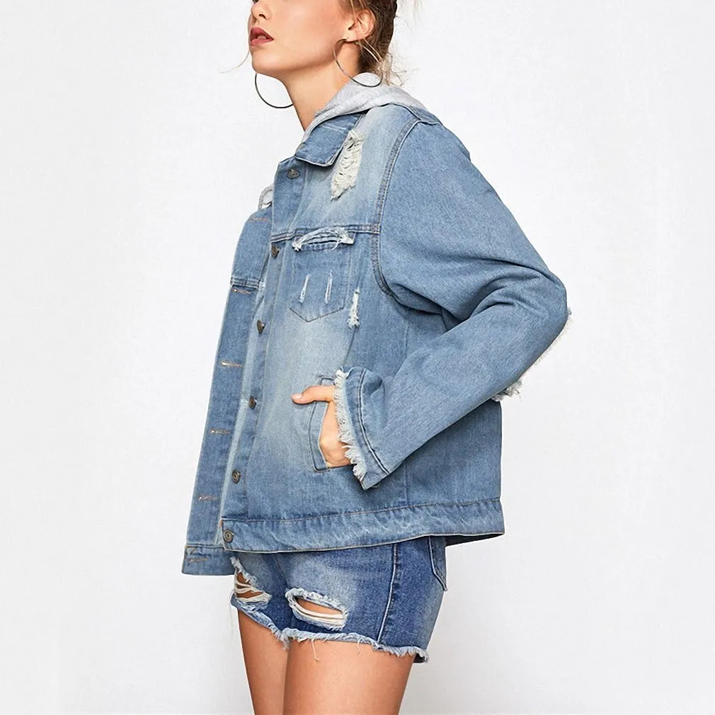 Huiwa Womens Denim Jacket Wings Back Embroidery Jacket Blue Denim Coat Cut Out Punk