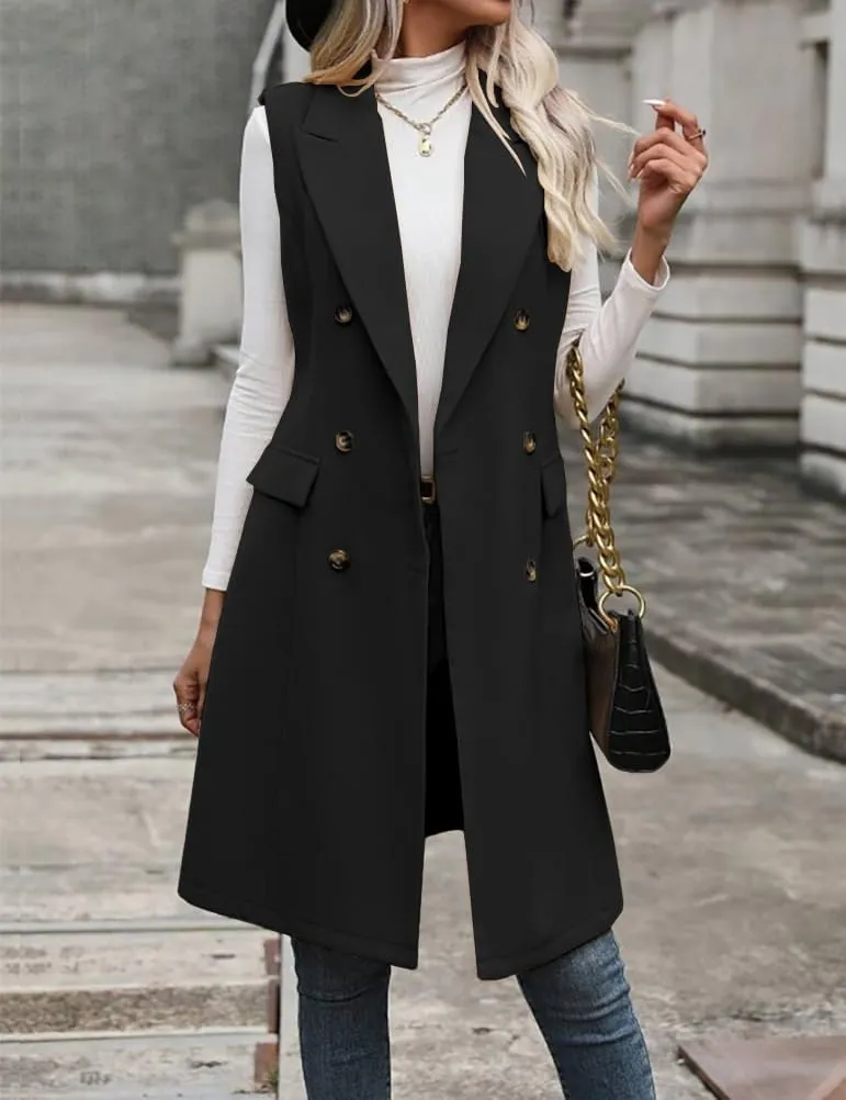 IDEALSANXUN Womens Long Wool Vest Fall Winter Sleeveless Blazer Jackets Trench Coat Outerwear Tops