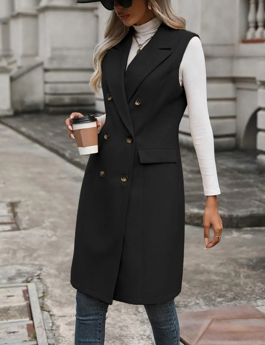 IDEALSANXUN Womens Long Wool Vest Fall Winter Sleeveless Blazer Jackets Trench Coat Outerwear Tops