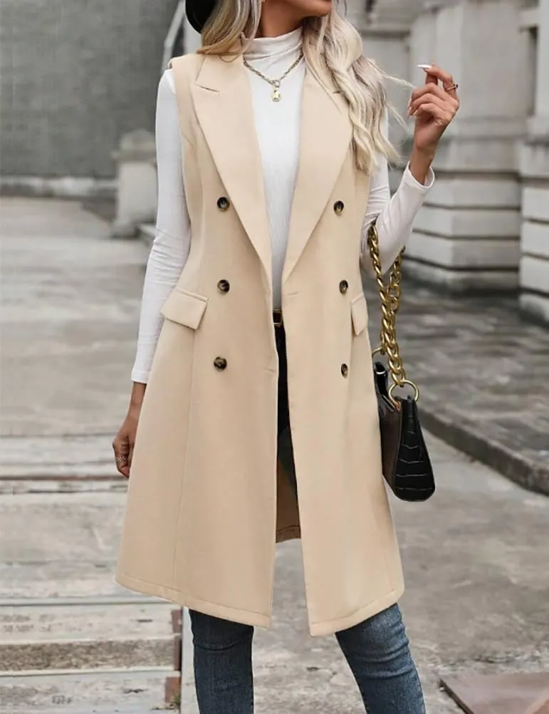 IDEALSANXUN Womens Long Wool Vest Fall Winter Sleeveless Blazer Jackets Trench Coat Outerwear Tops