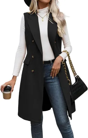 IDEALSANXUN Womens Long Wool Vest Fall Winter Sleeveless Blazer Jackets Trench Coat Outerwear Tops