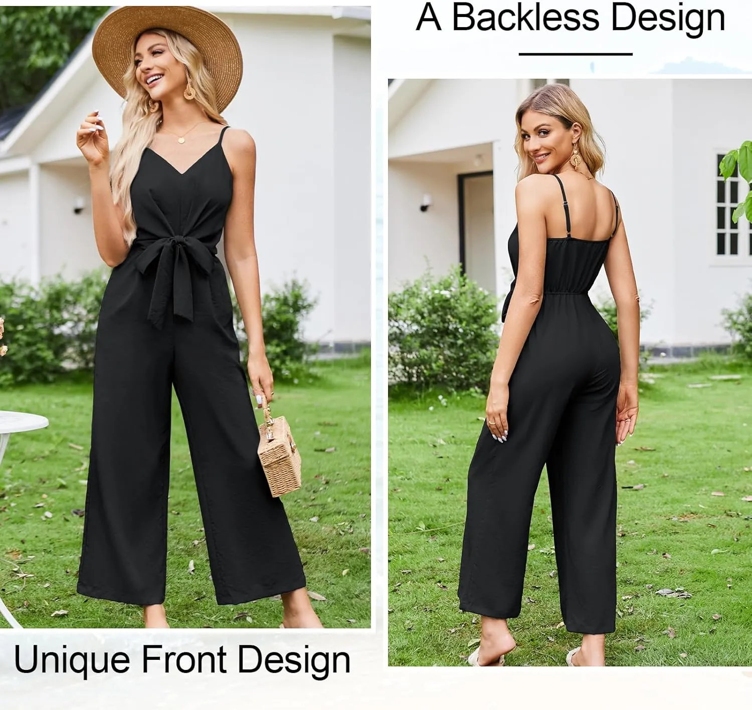JASAMBAC Women Jumpsuits Dressy Casual Sleeveless Spaghetti Strap Loose Rompers Wide Leg Linen Summer Outfits with Pockets