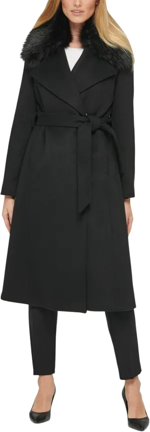 Karl Lagerfeld Paris Women's Luxe Wool Classic Long Wrap Coat W Fur, Black