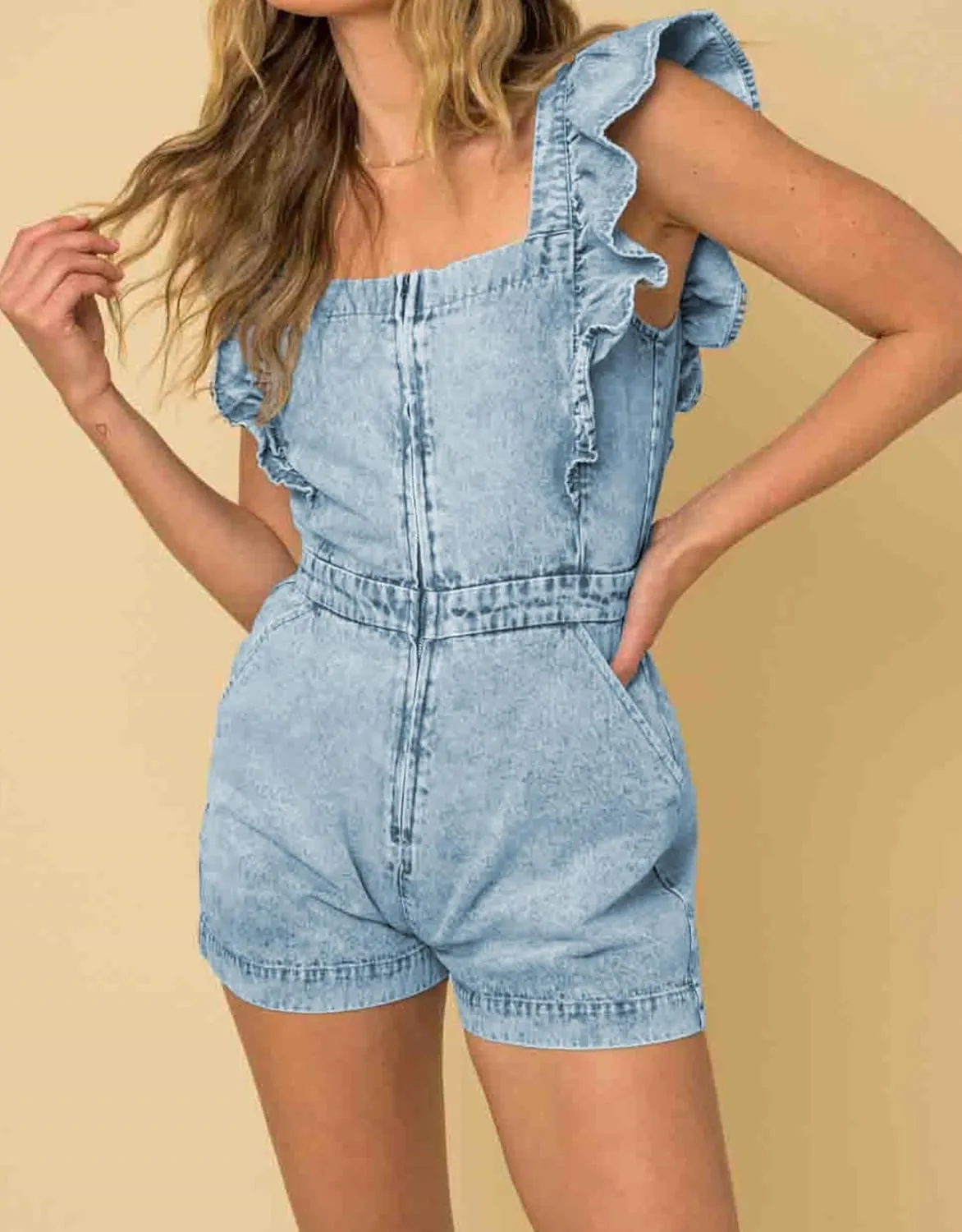Kedera Women Ruffle Sleeveless Denim Rompers Short Zip Up Denim One Piece Jumpsuit with Pocket