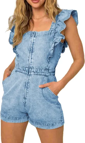 Kedera Women Ruffle Sleeveless Denim Rompers Short Zip Up Denim One Piece Jumpsuit with Pocket