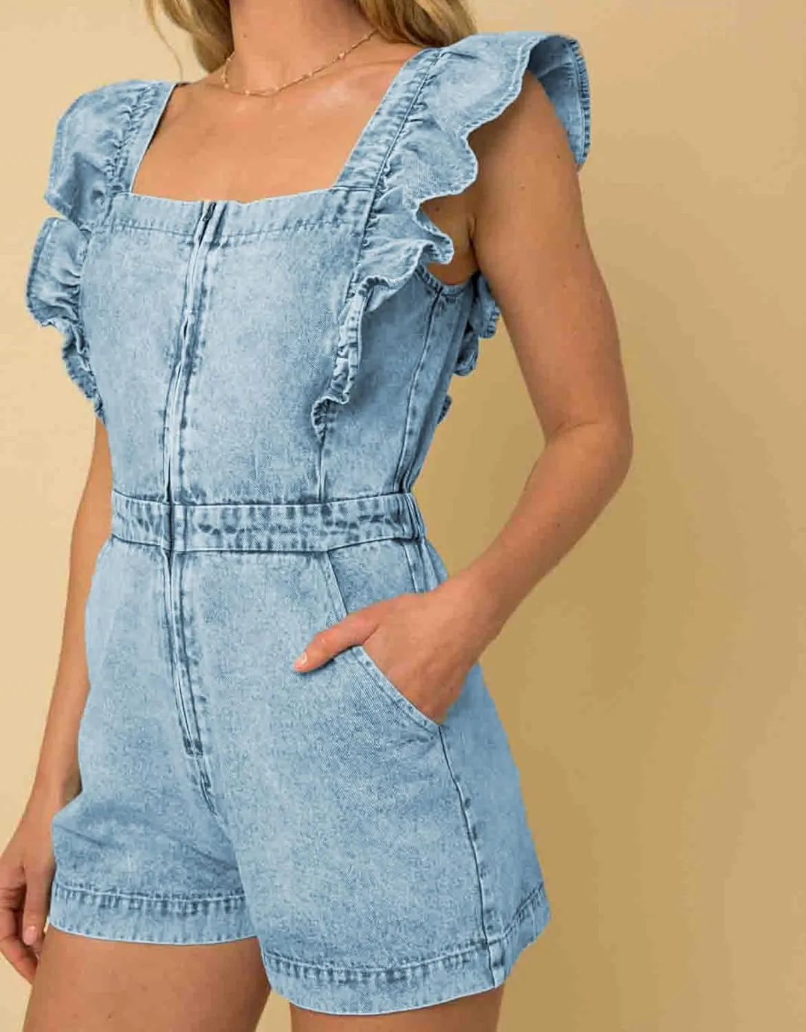 Kedera Women Ruffle Sleeveless Denim Rompers Short Zip Up Denim One Piece Jumpsuit with Pocket