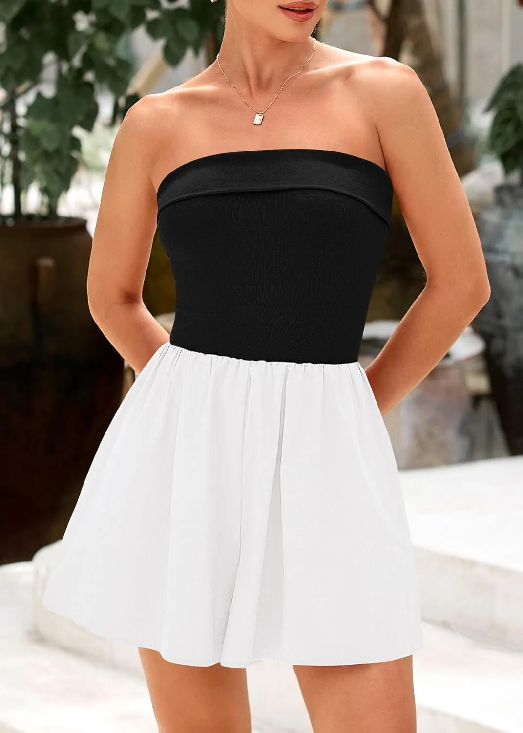 KIRUNDO Summer Rompers For Women 2025 Casual One Piece Strapless Tube Top Sleeveless Skort Short Jumpsuit Beach Vacation