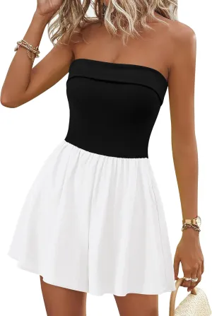 KIRUNDO Summer Rompers For Women 2025 Casual One Piece Strapless Tube Top Sleeveless Skort Short Jumpsuit Beach Vacation