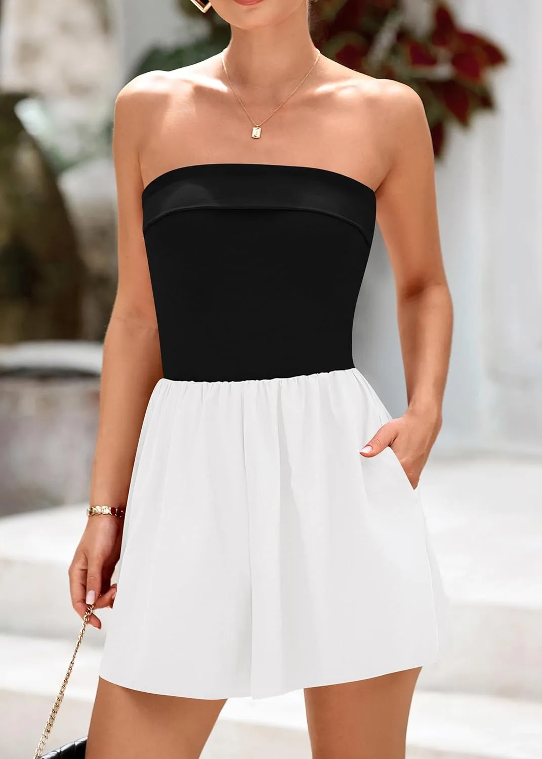 KIRUNDO Summer Rompers For Women 2025 Casual One Piece Strapless Tube Top Sleeveless Skort Short Jumpsuit Beach Vacation