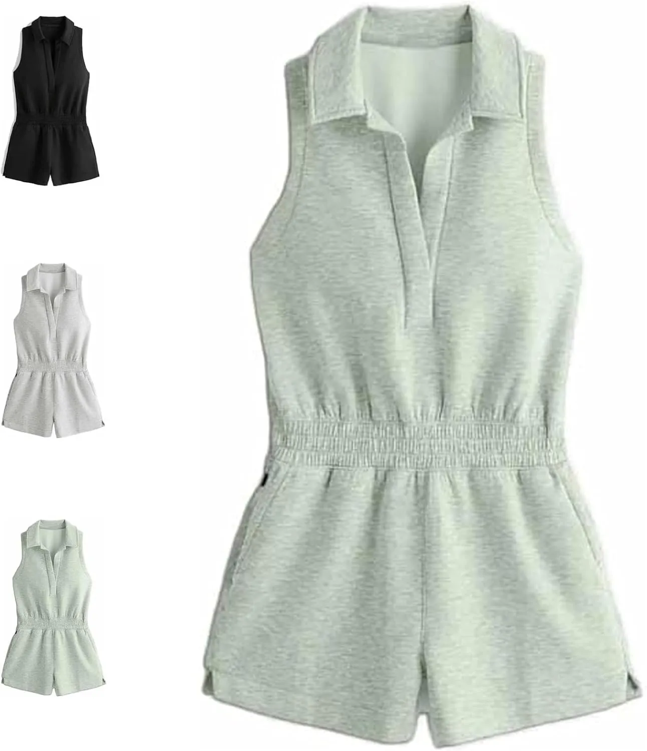 Knit Polo Romper for Womem 2024, Ladies Sleeveless Cozy Set Casual Playsuit V-Neck Knitted Athletic Short Jumpsuit