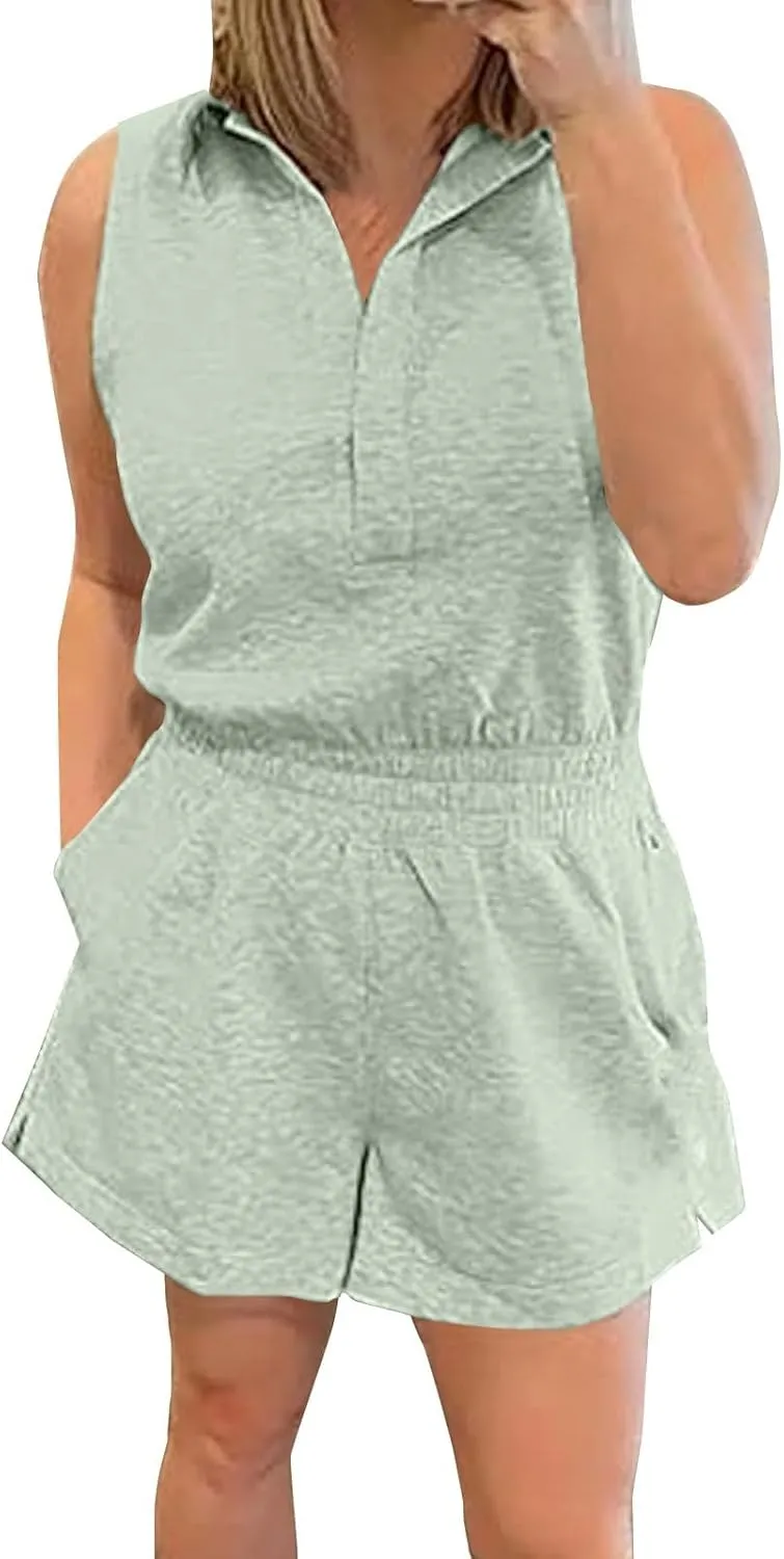 Knit Polo Romper for Womem 2024, Ladies Sleeveless Cozy Set Casual Playsuit V-Neck Knitted Athletic Short Jumpsuit