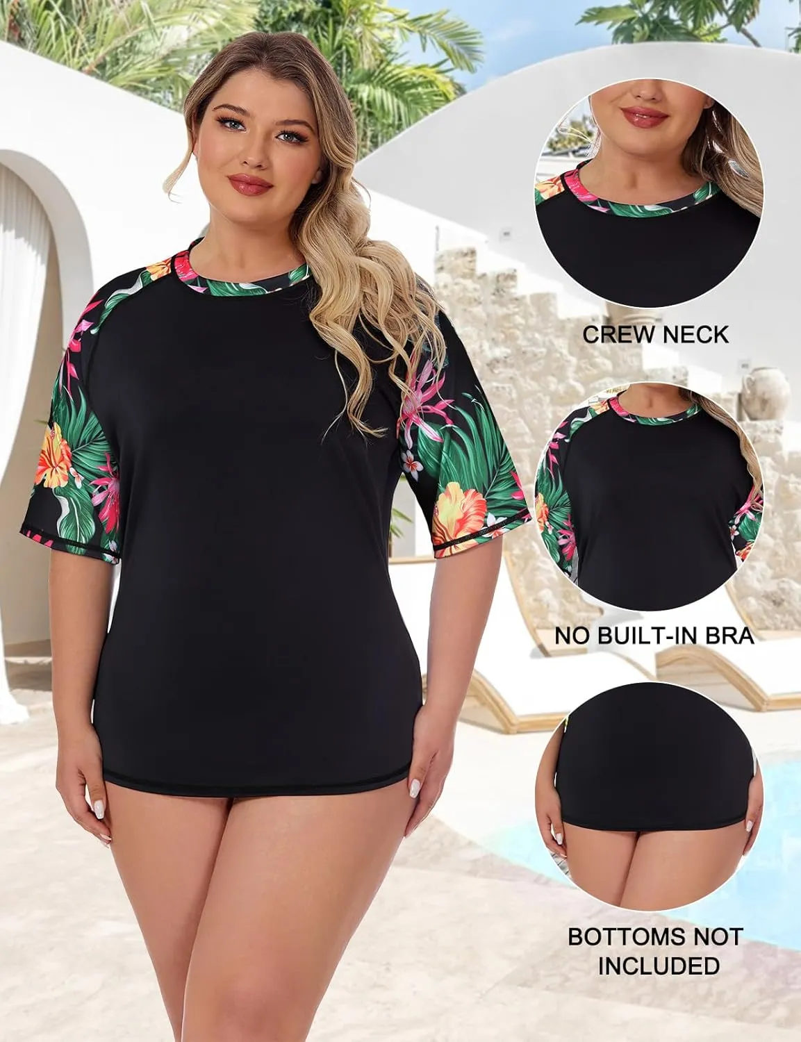 Koscacy Women's Plus Size Rash Guard Swim Shirt Short Sleeves UPF 50  Swimwear Workout Tops 1X-5X