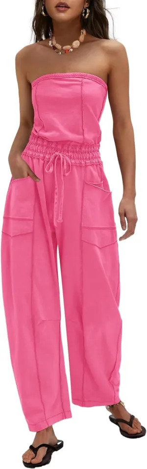 LAMISSCHE Womens Casual Strapless Jumpsuits off the Shoulder Summer Rompers Sleeveless One Piece Outfits with Pockets