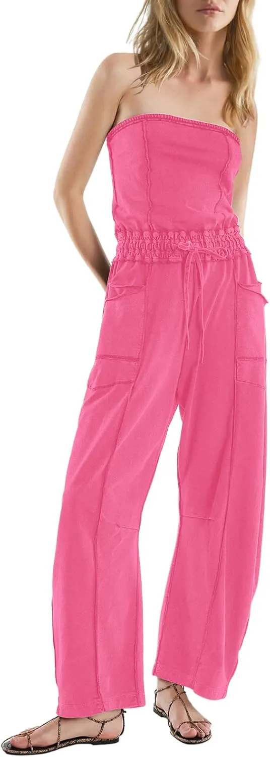 LAMISSCHE Womens Casual Strapless Jumpsuits off the Shoulder Summer Rompers Sleeveless One Piece Outfits with Pockets