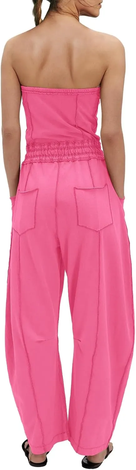 LAMISSCHE Womens Casual Strapless Jumpsuits off the Shoulder Summer Rompers Sleeveless One Piece Outfits with Pockets