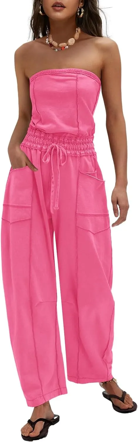 LAMISSCHE Womens Casual Strapless Jumpsuits off the Shoulder Summer Rompers Sleeveless One Piece Outfits with Pockets