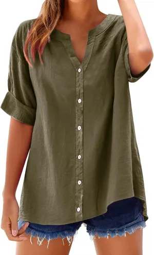 Linen Shirts for Women Button Down Shirt Gauze Cotton Short Sleeve Loose Fit Blouse Collared Casual Work Top