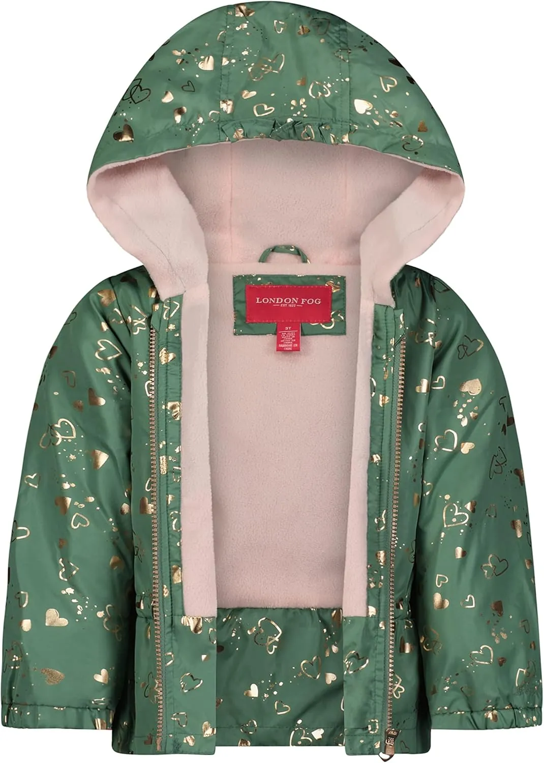 LONDON FOG Baby Girls' Hooded Toddler Winter Coat, Soft Fleece Lined, Dark Grey with Foil Hearts Pattern