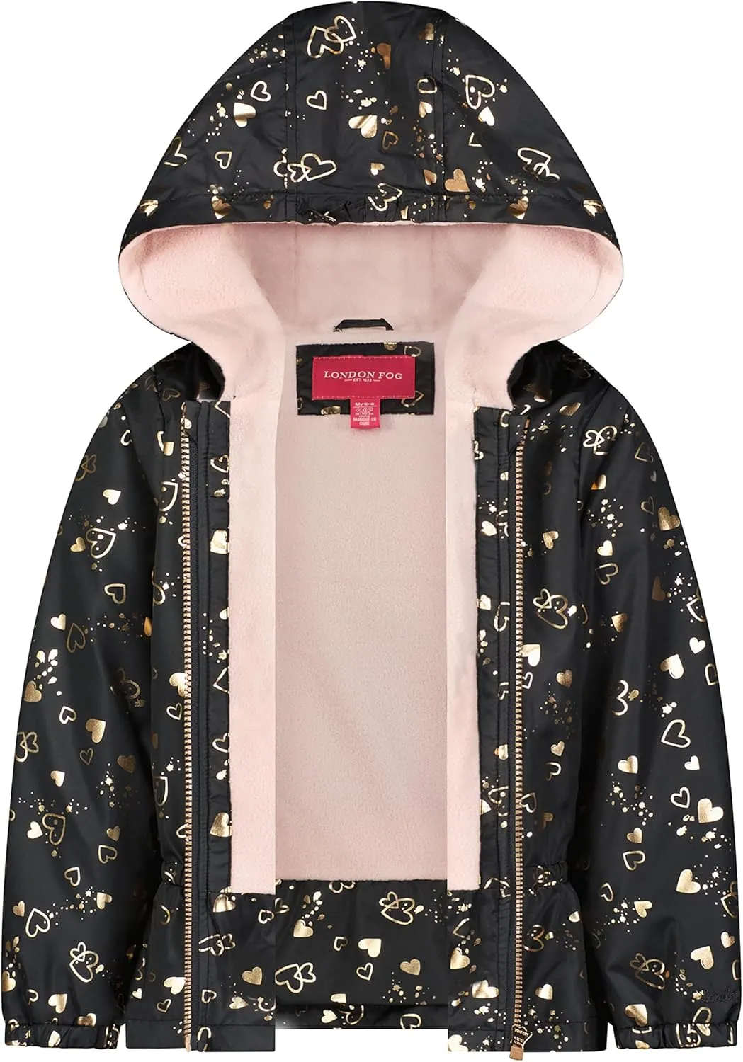 LONDON FOG Baby Girls' Hooded Toddler Winter Coat, Soft Fleece Lined, Dark Grey with Foil Hearts Pattern