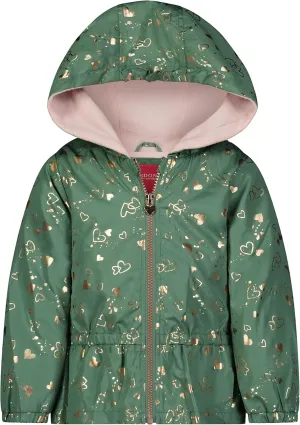 LONDON FOG Baby Girls' Hooded Toddler Winter Coat, Soft Fleece Lined, Dark Grey with Foil Hearts Pattern