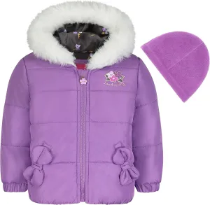 LONDON FOG baby girls Quilted Puffer Jacket With Fleece Hat Down Alternative Coat, Purple Bow, 24 Months US