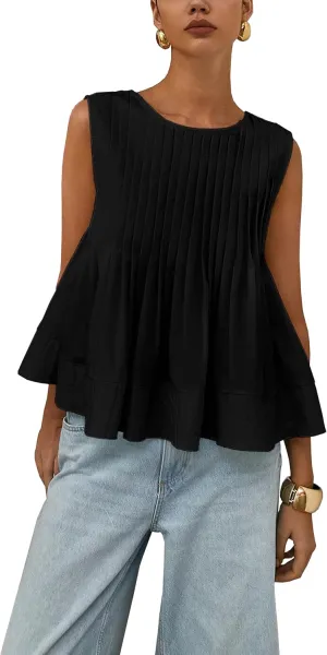 Lumister Womens Peplum Babydoll Tops Cute Pleated Sleeveless Ruffle Strap T Shirts Tank Summer Tops