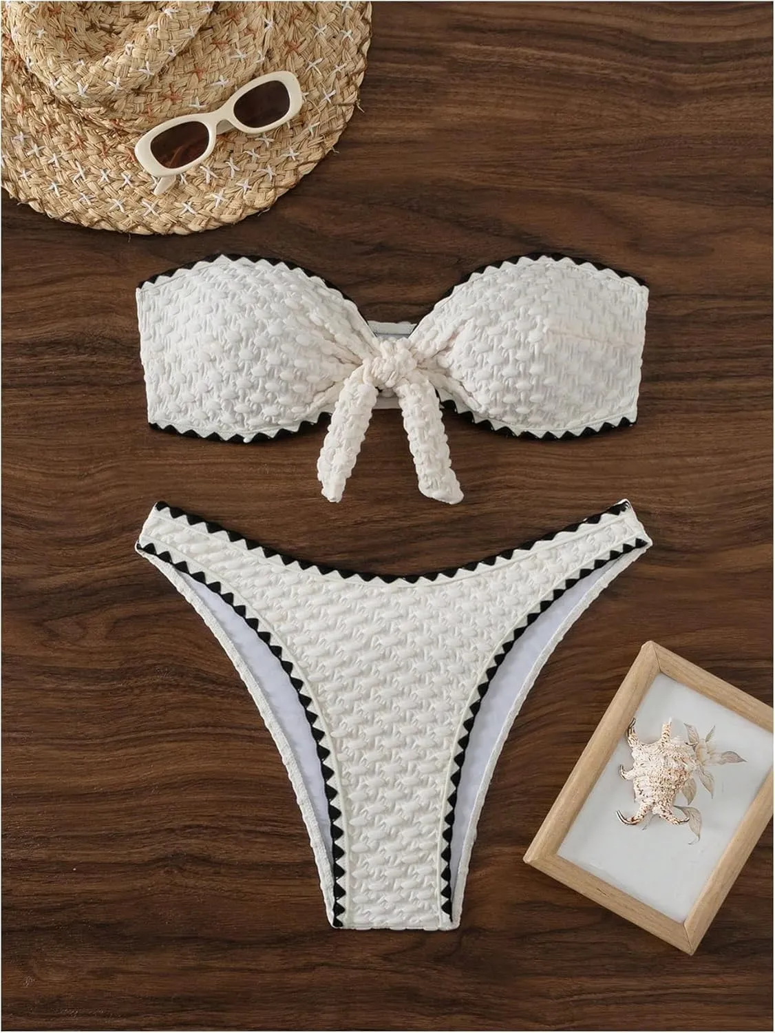 MakeMeChic Women's 2 Piece Bandeau Swimsuit Floral Cut Out Bikini Set Strapless Bathing Suits