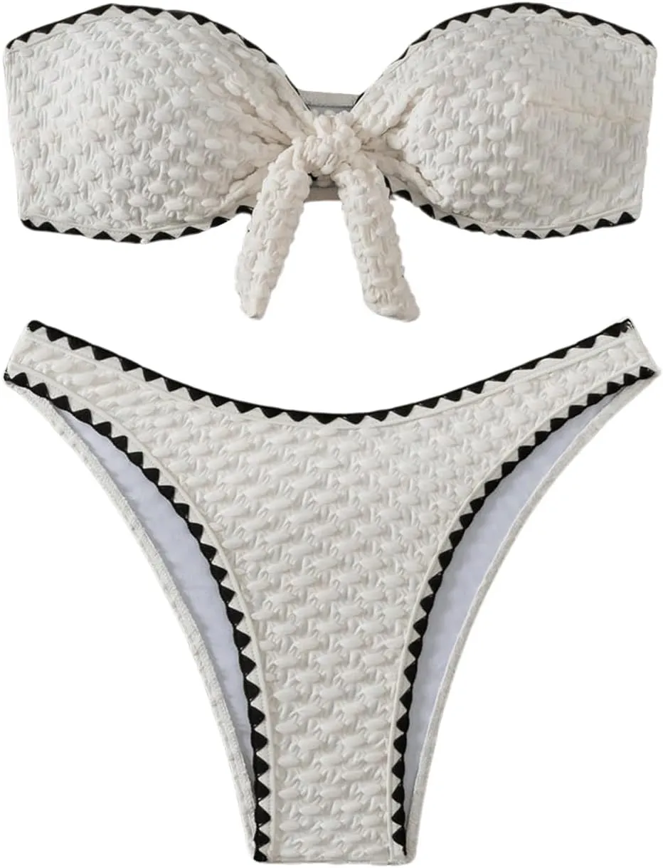 MakeMeChic Women's 2 Piece Bandeau Swimsuit Floral Cut Out Bikini Set Strapless Bathing Suits
