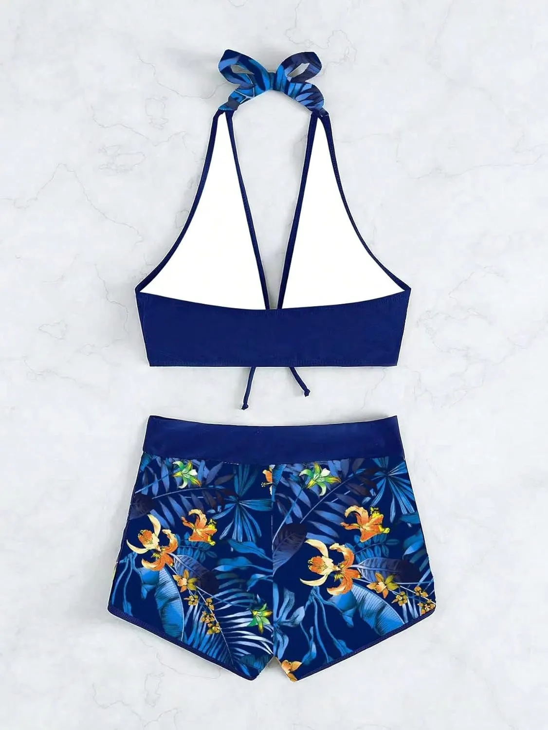 MakeMeChic Women's Halter Top Floral Swim Shorts Bikini Set 2 Piece Swimsuit Bathing Suit