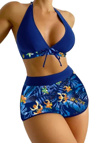 MakeMeChic Women's Halter Top Floral Swim Shorts Bikini Set 2 Piece Swimsuit Bathing Suit