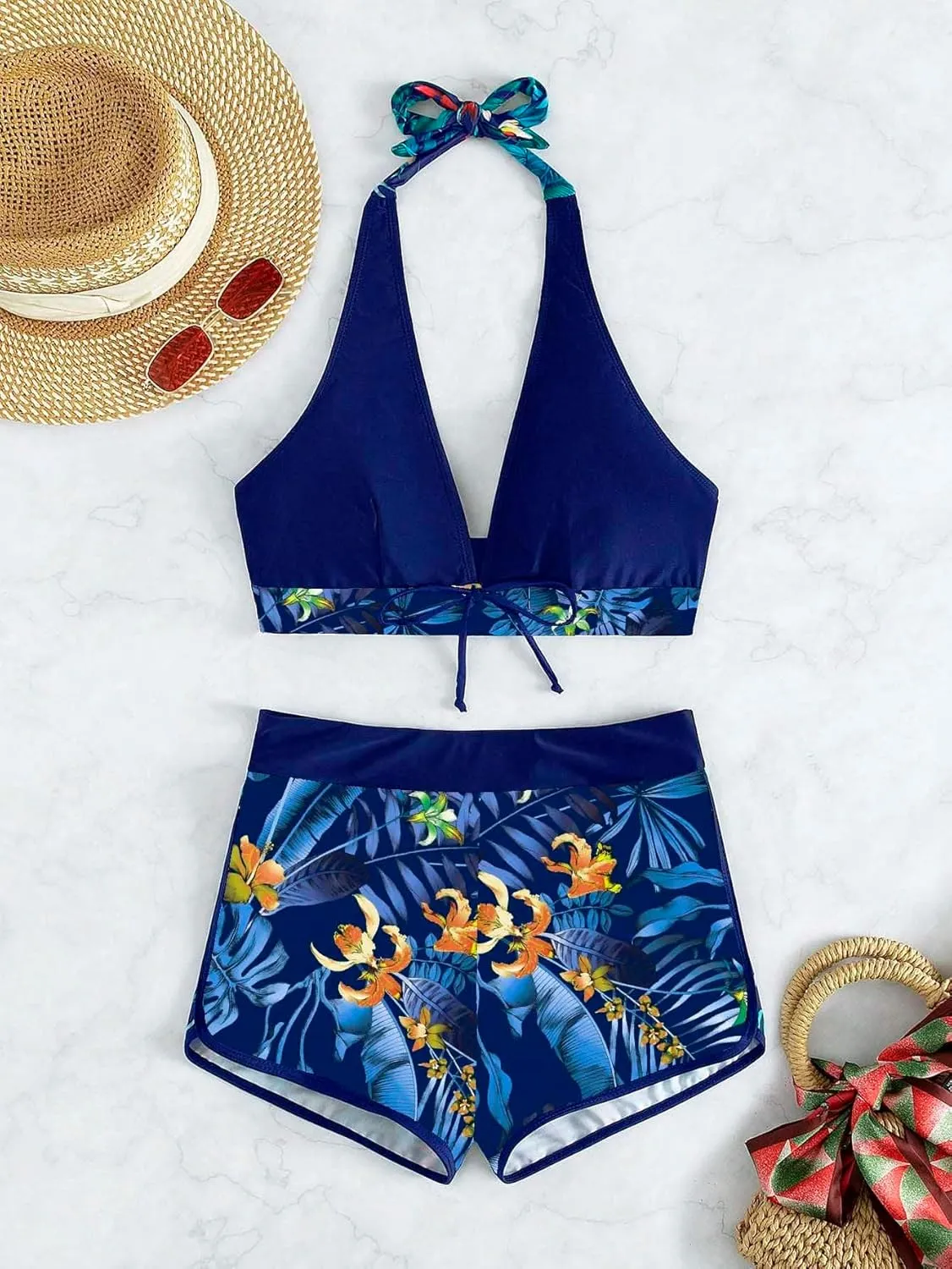 MakeMeChic Women's Halter Top Floral Swim Shorts Bikini Set 2 Piece Swimsuit Bathing Suit