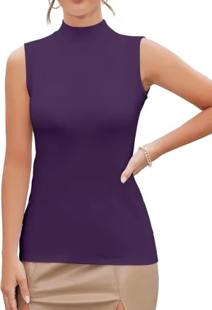 MANGDIUP Women's Mock Turtleneck Long Sleeve Sleeveless Tops Basic Slim T-Shirts