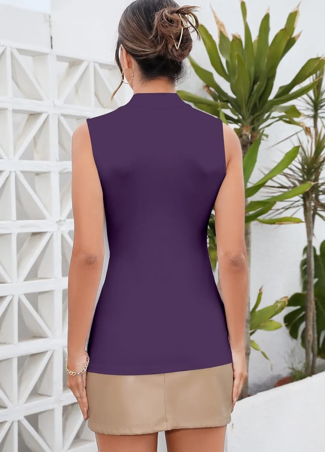 MANGDIUP Women's Mock Turtleneck Long Sleeve Sleeveless Tops Basic Slim T-Shirts