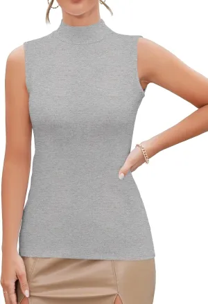 MANGDIUP Women's Mock Turtleneck Long Sleeve Sleeveless Tops Basic Slim T-Shirts
