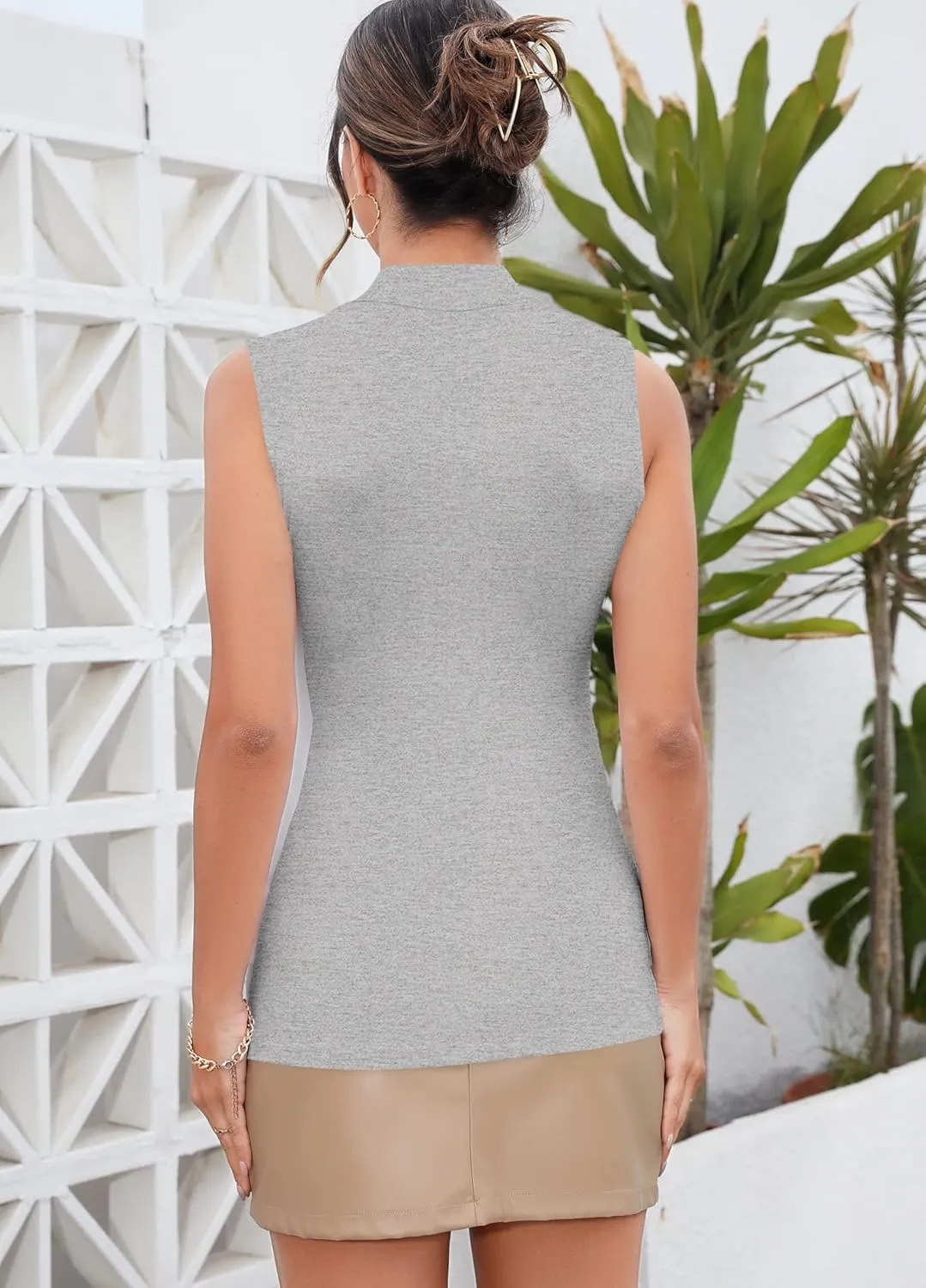 MANGDIUP Women's Mock Turtleneck Long Sleeve Sleeveless Tops Basic Slim T-Shirts