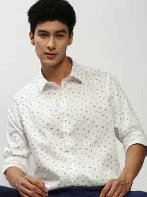 Men White Smart Slim Fit Printed Cotton Casual Shirt