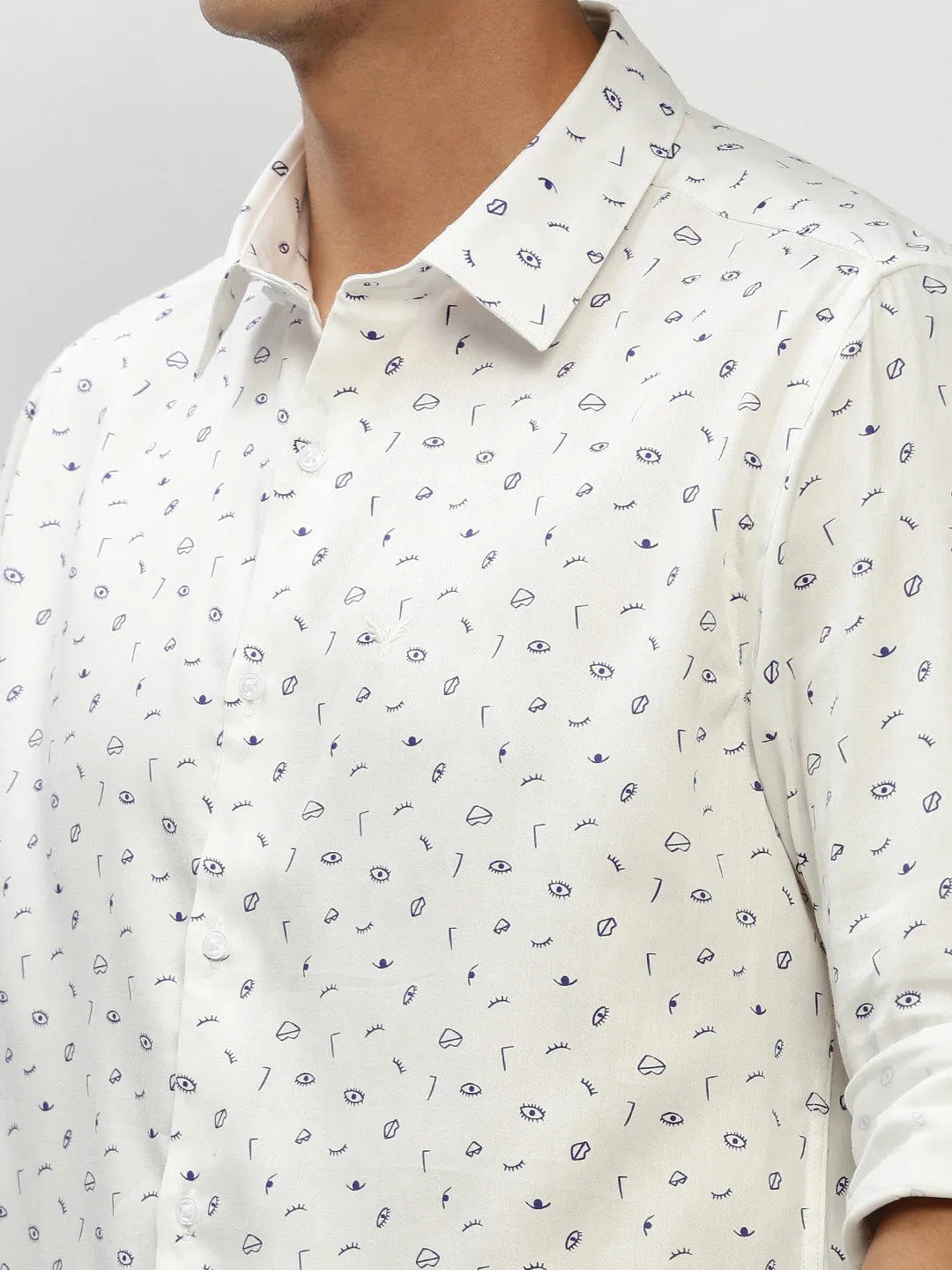 Men White Smart Slim Fit Printed Cotton Casual Shirt