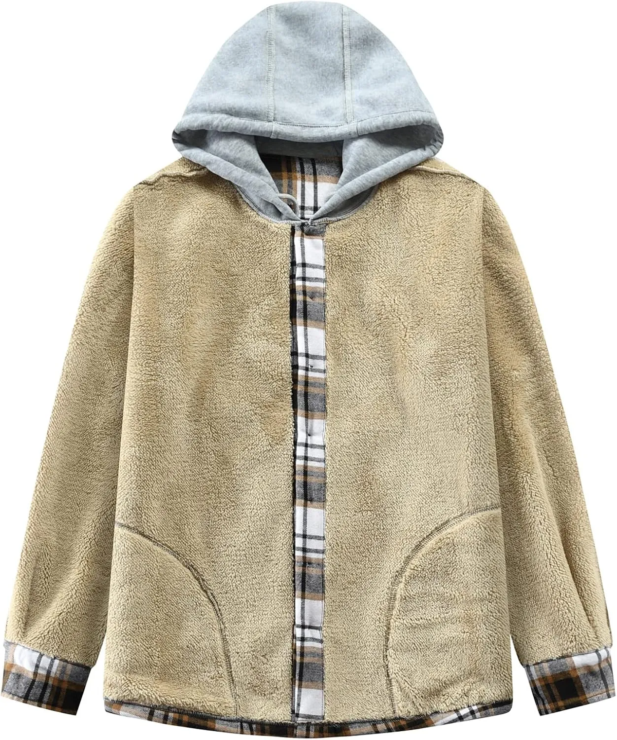 Men's Cotton Plaid Shirts Jacket Fleece Lined Flannel Shirts Sherpa Button Down Jackets with Hood for Men