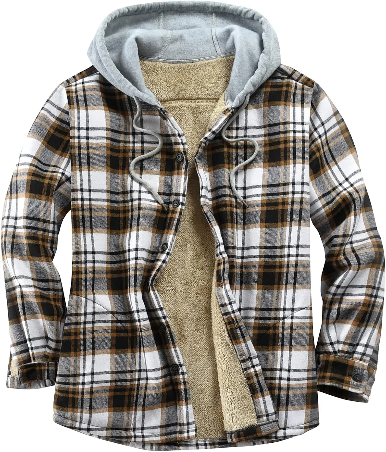 Men's Cotton Plaid Shirts Jacket Fleece Lined Flannel Shirts Sherpa Button Down Jackets with Hood for Men