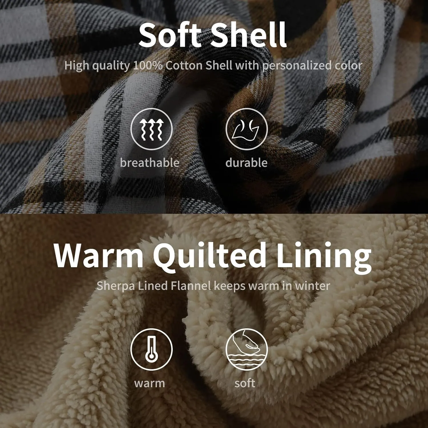 Men's Cotton Plaid Shirts Jacket Fleece Lined Flannel Shirts Sherpa Button Down Jackets with Hood for Men