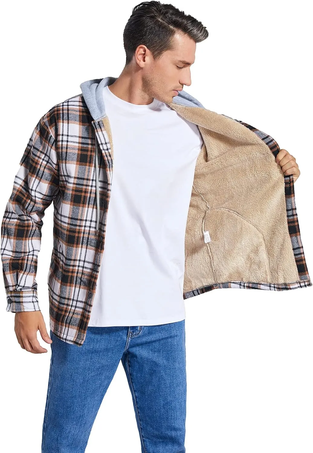 Men's Cotton Plaid Shirts Jacket Fleece Lined Flannel Shirts Sherpa Button Down Jackets with Hood for Men