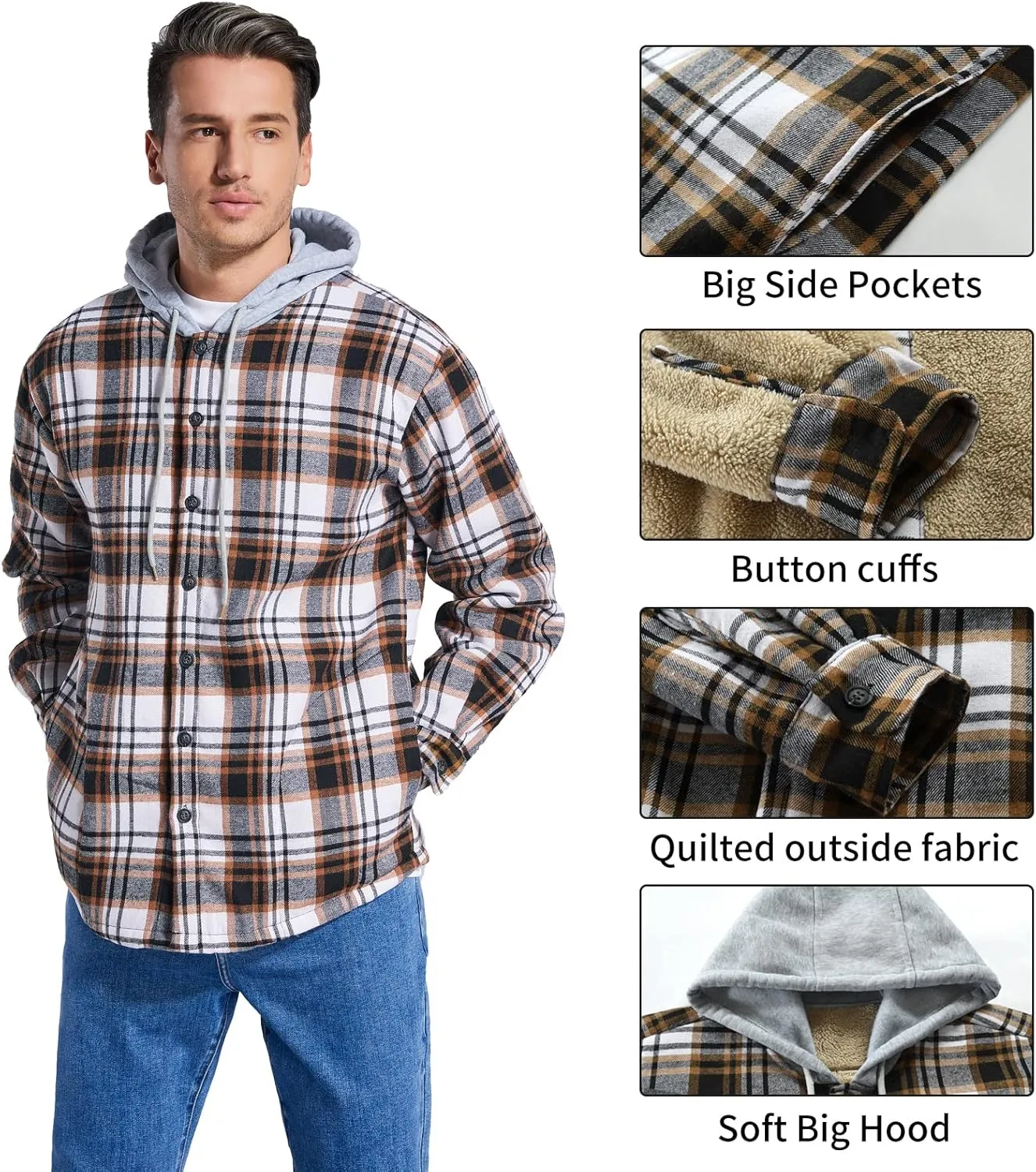 Men's Cotton Plaid Shirts Jacket Fleece Lined Flannel Shirts Sherpa Button Down Jackets with Hood for Men
