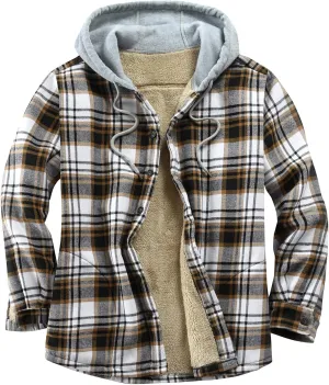 Men's Cotton Plaid Shirts Jacket Fleece Lined Flannel Shirts Sherpa Button Down Jackets with Hood for Men